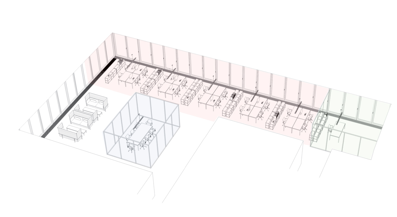 Drawing of an office space with coloured different zones.