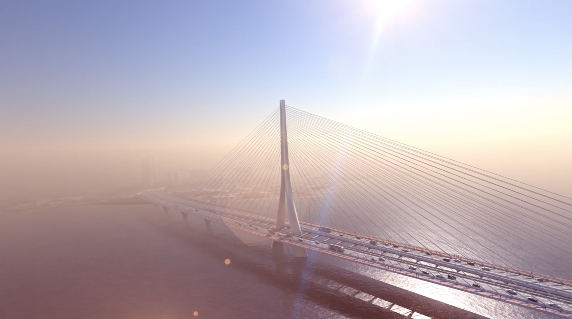 Modern one-pole bridge on a sunny day, cars crossing, city in background.