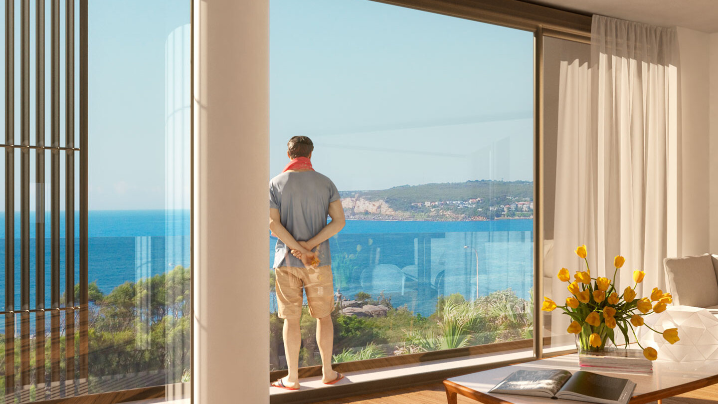 Man standing on a large window of a futuristic building 