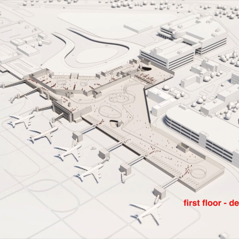 Computer generated drawing of an airport floor from top view with it´s surrounding infrastructure.