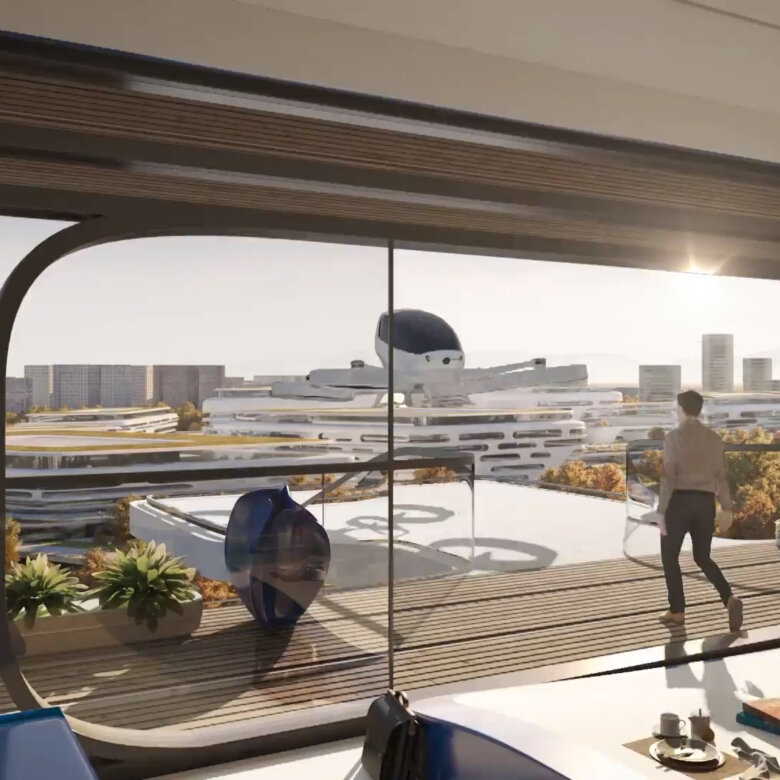 Air taxi approaching towards an urban accommodation. Man is walking towards drone taxi.