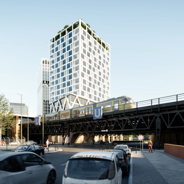 Berlin U-Bahn train is passing by in front of a high building with trees on the roof. Cars approaching, parking, people walking on sidewalk.