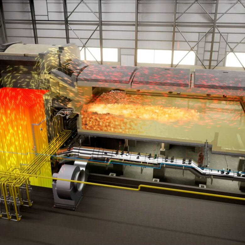 Industrial warehouse with a big glass melting furnace. Red, orange and yellow colors show the temperature states of the melting process.